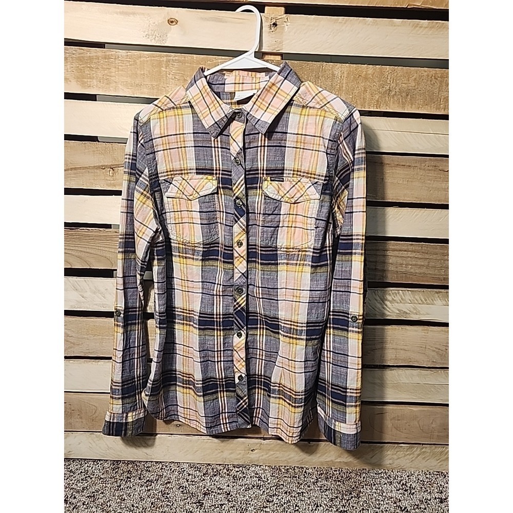Columbia Women's Plaid Long Sleeve Roll Tab Button Up Shirt Pink Purple SzLarge